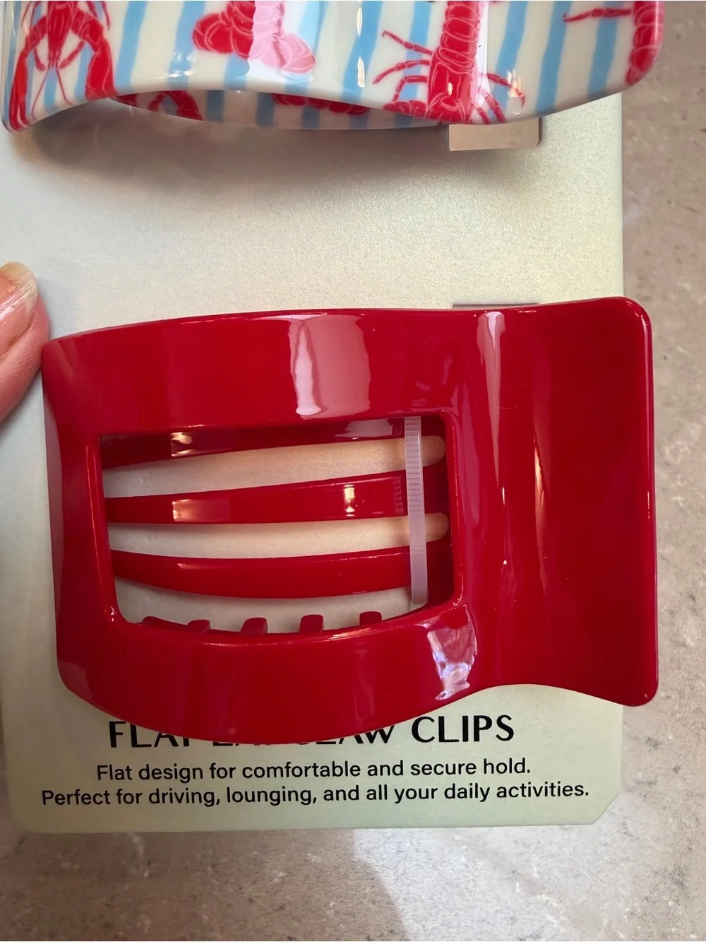 NWT 🦞 fun Flat Lay Claw Clips for great hair! Solid Red & Blue/White Pattern w 🦞